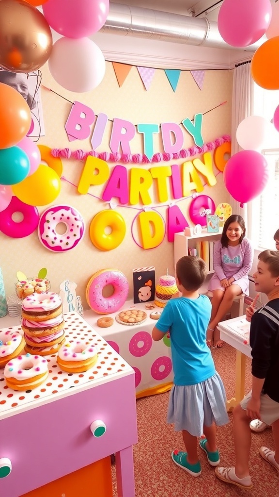 A lively donut-themed birthday party with a variety of donuts and colorful decorations.